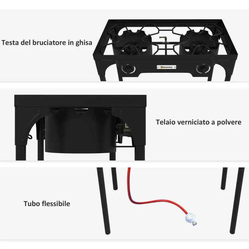 Outsunny Fornello a Gas da Campeggio con 2 Bruciatori 150,000 BTU in Metallo con Gambe Rimovibili, Nero - Image 3