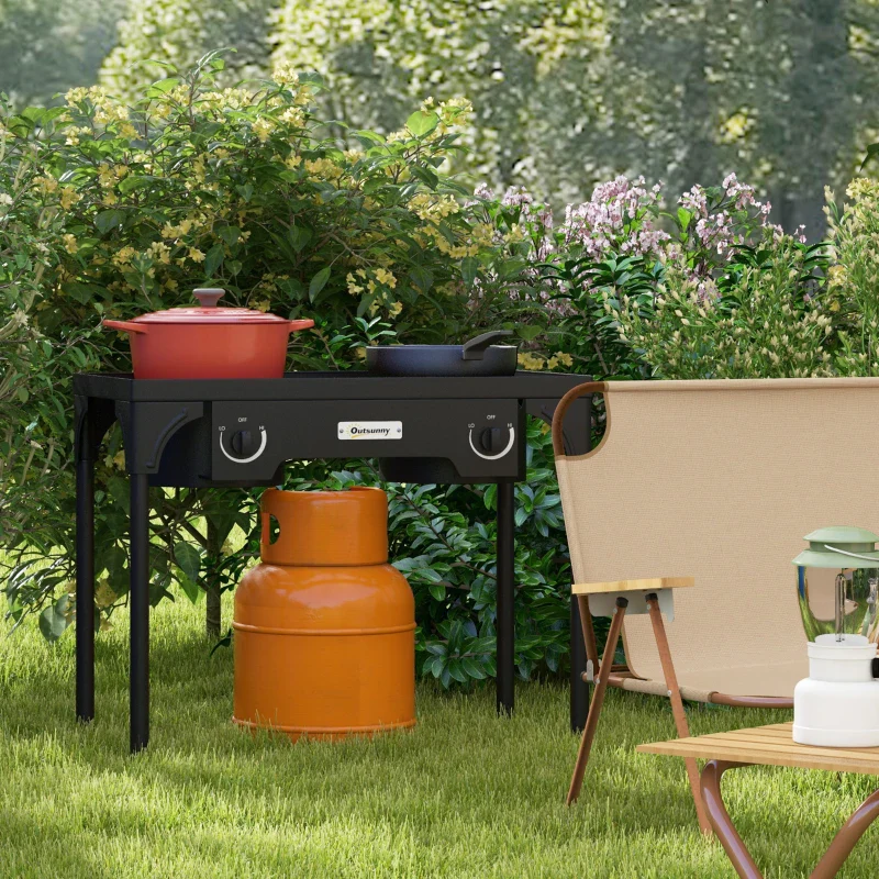 Outsunny Fornello a Gas da Campeggio con 2 Bruciatori 150,000 BTU in Metallo con Gambe Rimovibili, Nero - Image 9
