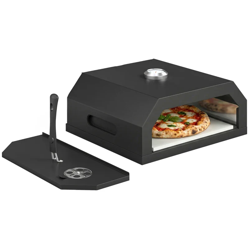 Outsunny Forno per Pizza a Legna Portatile con Pietra in Cordierite e Termometro, in Metallo, 53x40x18.5 cm, Nero - Image 2