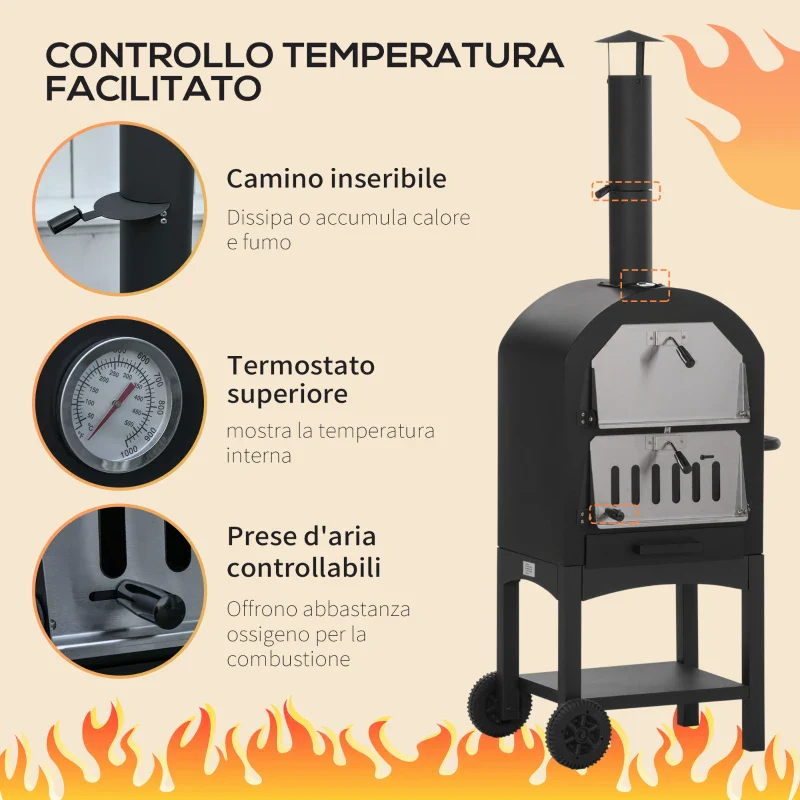 Outsunny Forno per Pizza e Barbecue a Carbone Portatile in Acciaio con Camino e Ruote, 63x54x161 cm, Nero - Image 4
