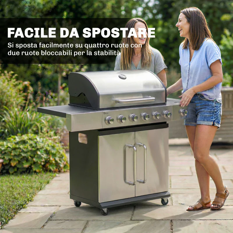 Outsunny Gas Barbecue, 6 Burners, Side Burner, Cast Iron Grill, Cabinet Included. - Image 3
