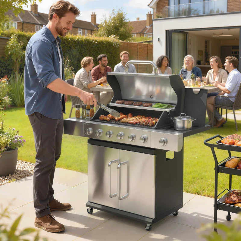 Outsunny Gas Barbecue, 6 Burners, Side Burner, Cast Iron Grill, Cabinet Included. - Image 4