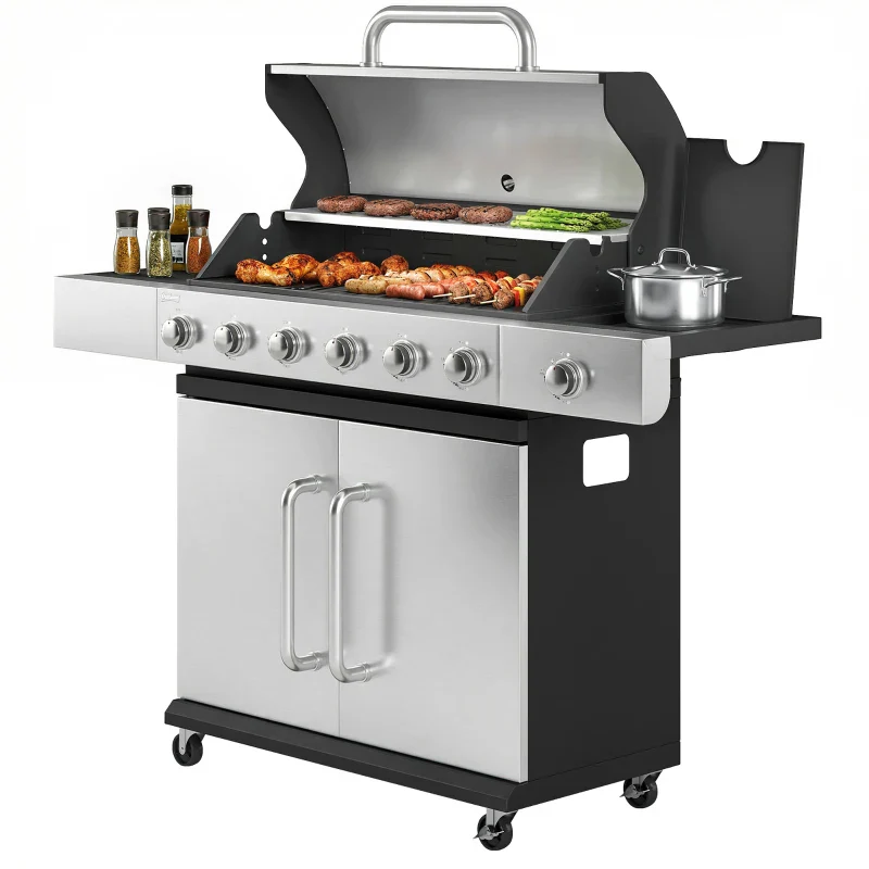 Outsunny Gas Barbecue, 6 Burners, Side Burner, Cast Iron Grill, Cabinet Included. - Image 7