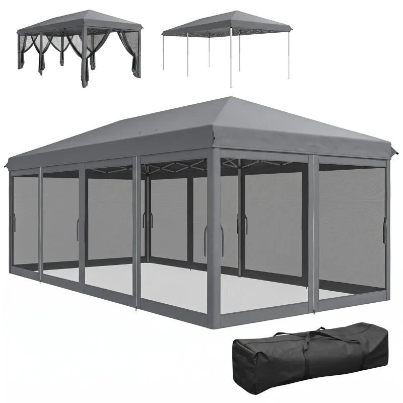 Outsunny Gazebo da Giardino Pieghevole 6x3 m con 6 Zanzariere e Pulsante, in Acciaio e Poliestere, Grigio - Image 3