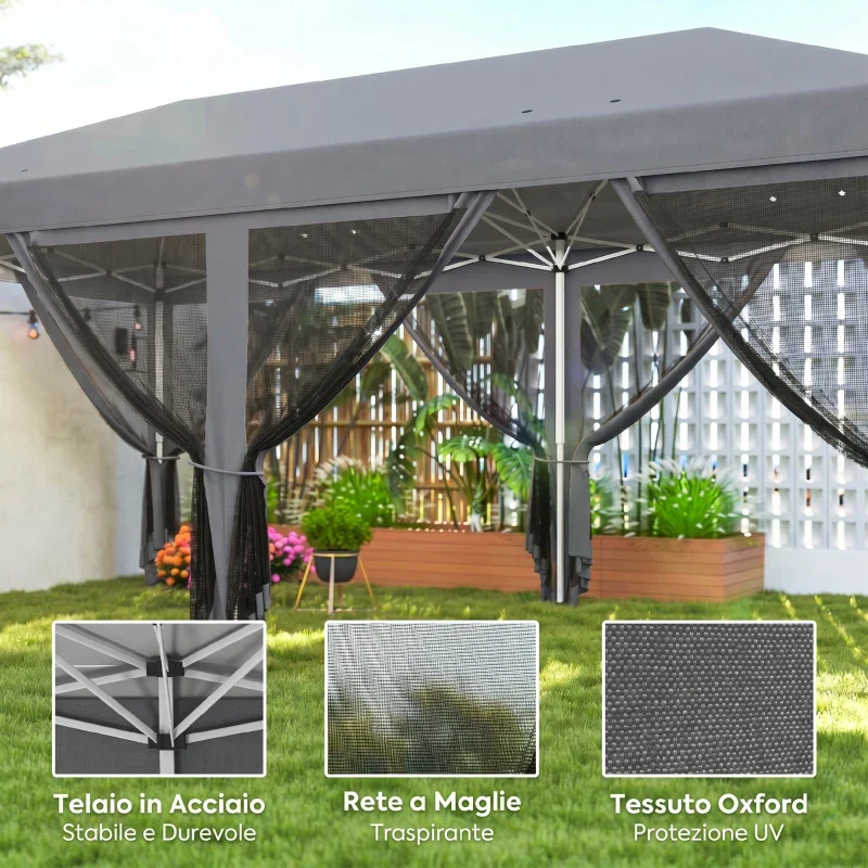 Outsunny Gazebo da Giardino Pieghevole 6x3 m con 6 Zanzariere e Pulsante, in Acciaio e Poliestere, Grigio - Image 7