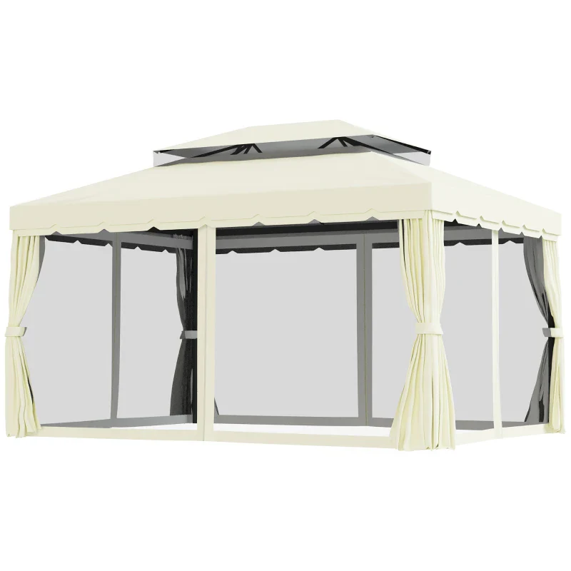 Outsunny Gazebo da Giardino 4x3m con Zanzariera, Tende e Doppio Tetto in Alluminio e Poliestere, Crema - Image 2