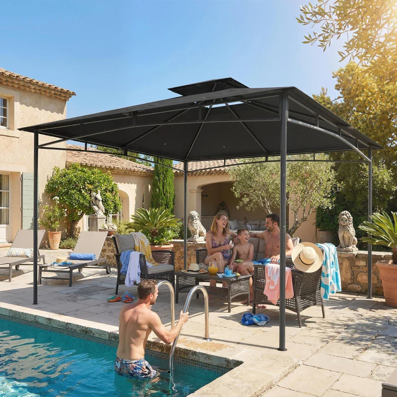 Outsunny Gazebo da Giardino Gazebo da Esterno Doppio Tetto 3x3 m Grigio Scuro - Image 4