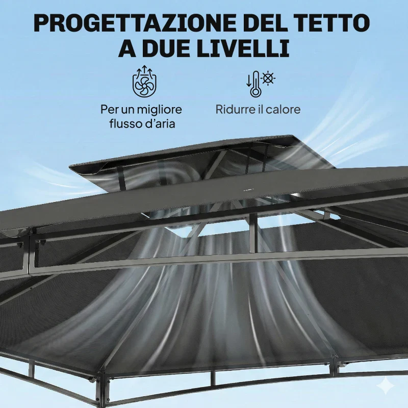 Outsunny Gazebo da Giardino Gazebo da Esterno Doppio Tetto 3x3 m Grigio Scuro - Image 8