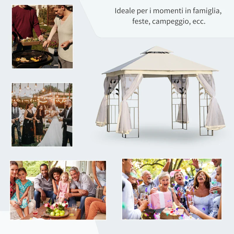 Outsunny Gazebo da Giardino 3x3m con Zanzariera, Telaio in Acciaio e Doppio Tettuccio, Bianco - Image 3