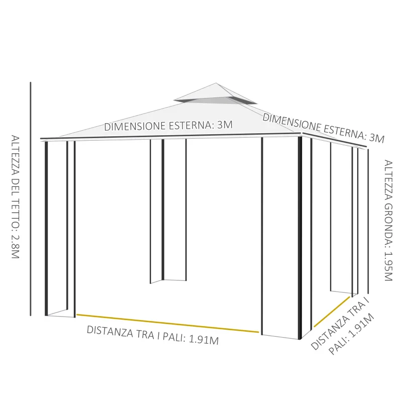 Outsunny Gazebo da Giardino 3x3m con Zanzariera, Telaio in Acciaio e Doppio Tettuccio, Bianco - Image 7