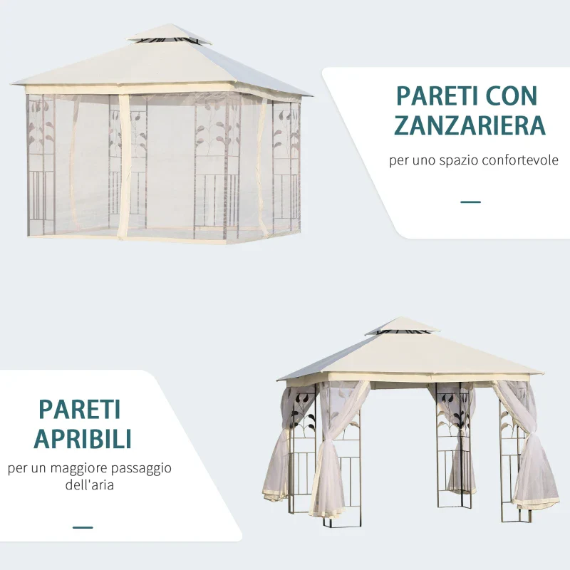 Outsunny Gazebo da Giardino 3x3m con Zanzariera, Telaio in Acciaio e Doppio Tettuccio, Bianco - Image 8