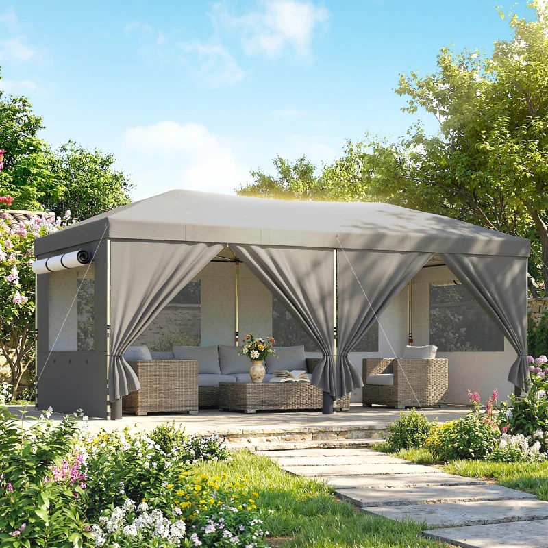 Outsunny Gazebo Pieghevole 3x6 m con 6 Pareti Laterali, Sacchi e Picchetti, in Metallo e Tessuto Oxford, Grigio Scuro - Image 5