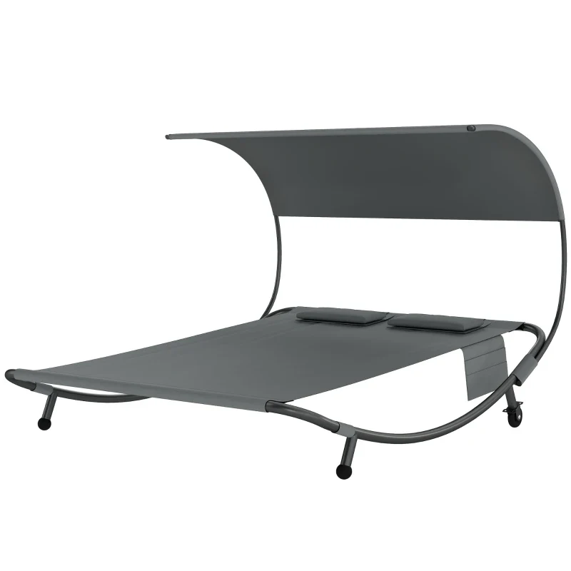 Outsunny Lettino Prendisole Doppio con Baldacchino Rimovibile, Ruote, Cuscini e Tasche, Grigio - Image 3