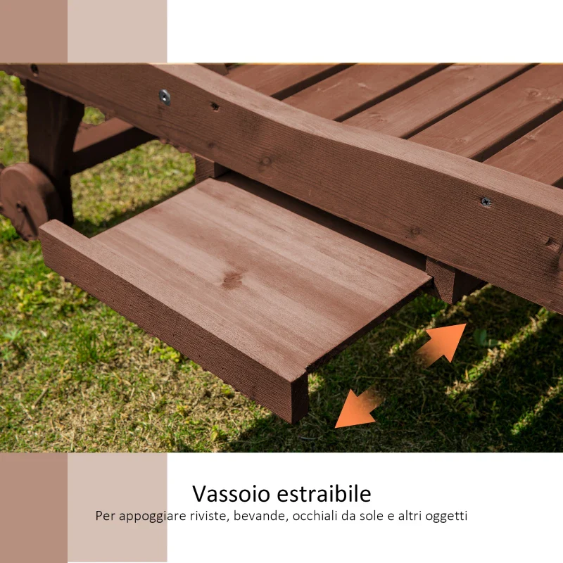 Outsunny Lettino Prendisole in Legno, Lettino Sdraio da Giardino con Ruote e Vassoio Estraibile 182x60x35cm - Image 7