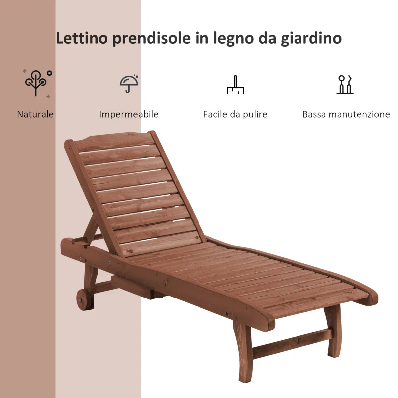 Outsunny Lettino Prendisole in Legno, Lettino Sdraio da Giardino con Ruote e Vassoio Estraibile 182x60x35cm - Image 9