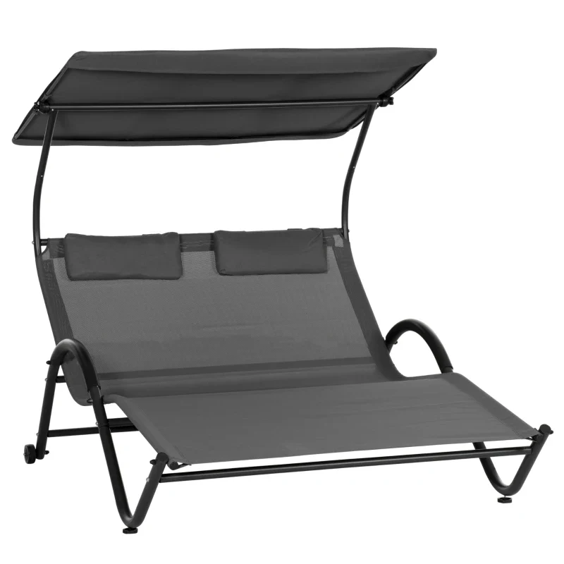 Outsunny Lettino Prendisole Reclinabile a 2 Posti con Ruote, Poggiatesta Imbottito e Tetto, 200x137x138 cm, Grigio - Image 2