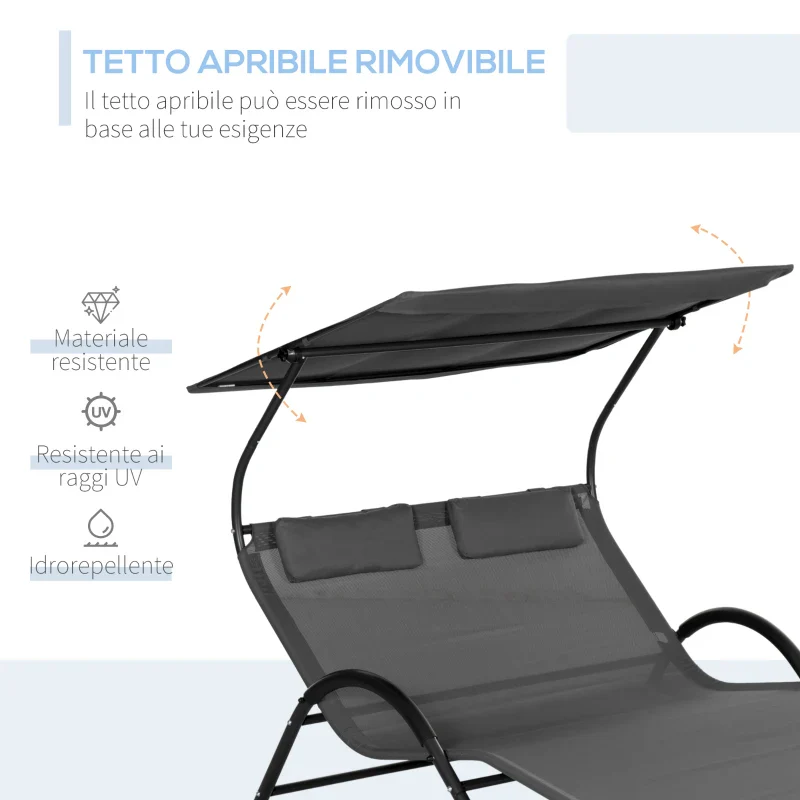 Outsunny Lettino Prendisole Reclinabile a 2 Posti con Ruote, Poggiatesta Imbottito e Tetto, 200x137x138 cm, Grigio - Image 3