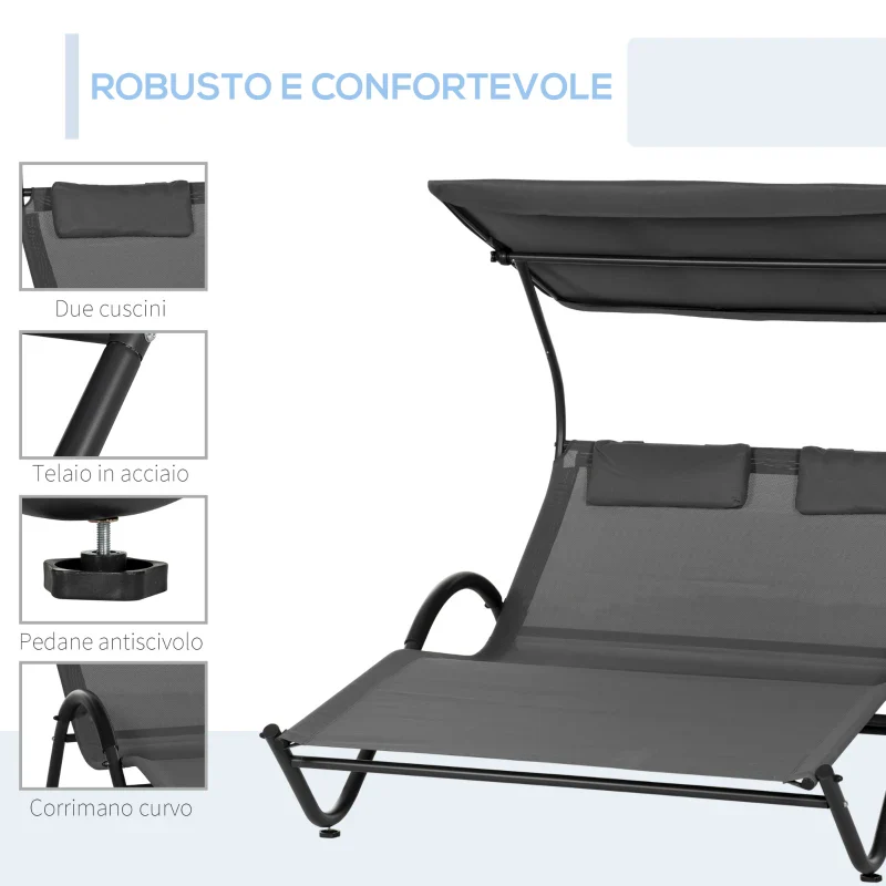 Outsunny Lettino Prendisole Reclinabile a 2 Posti con Ruote, Poggiatesta Imbottito e Tetto, 200x137x138 cm, Grigio - Image 5