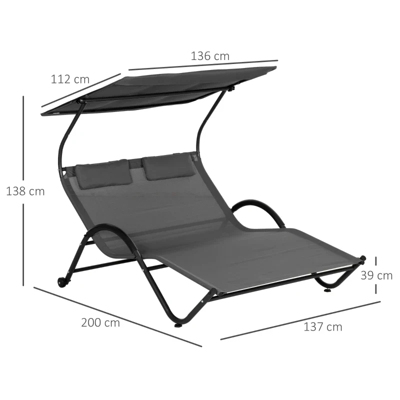 Outsunny Lettino Prendisole Reclinabile a 2 Posti con Ruote, Poggiatesta Imbottito e Tetto, 200x137x138 cm, Grigio - Image 7