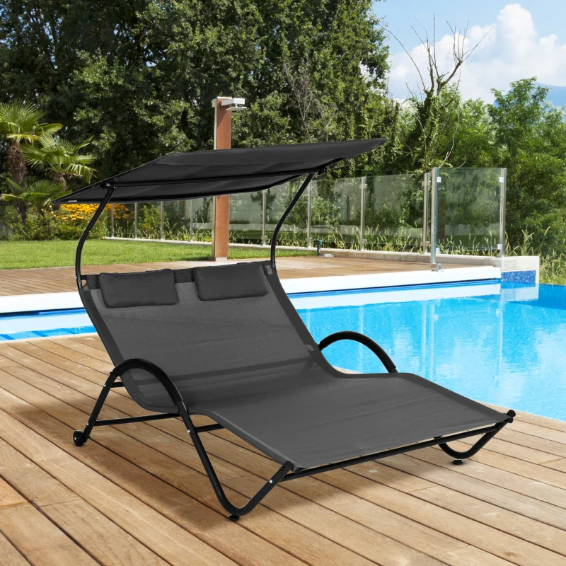 Outsunny Lettino Prendisole Reclinabile a 2 Posti con Ruote, Poggiatesta Imbottito e Tetto, 200x137x138 cm, Grigio - Image 8