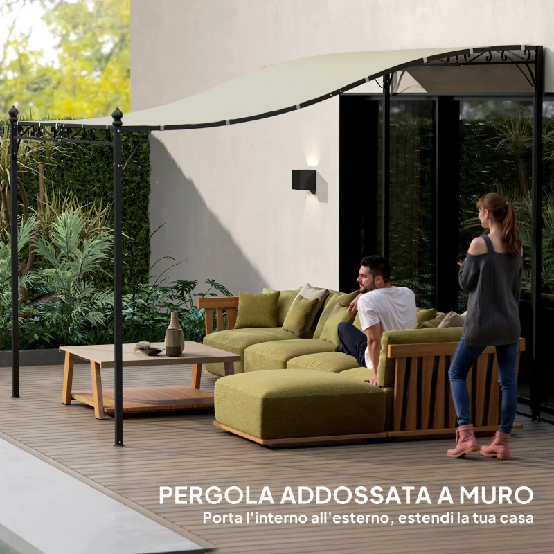 Outsunny Pergola Addossata Ricurva con 16 Fori di Drenaggio, in Metallo e Poliestere, 248x298x200/250 cm, Bianco Crema - Image 5