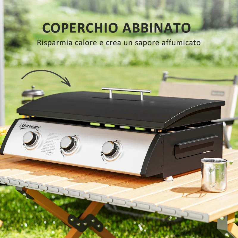 Outsunny Piastra a Gas in Acciaio Smaltato con 3 Bruciatori Potenza 7.5kW, 3 Zone di Cottura e Coperchio, Nero - Image 9