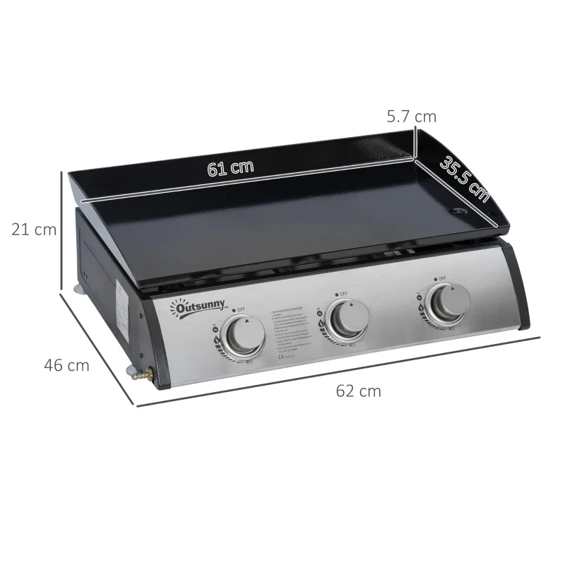 Outsunny Piastra Barbecue a Gas Antiaderente da Tavolo con 3 Bruciatori da 3kW, 62x46x21cm, Nero - Image 7