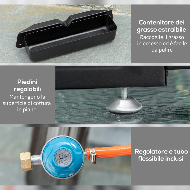 Outsunny Piastra Barbecue a Gas Antiaderente da Tavolo con 3 Bruciatori da 3kW, 62x46x21cm, Nero - Image 9