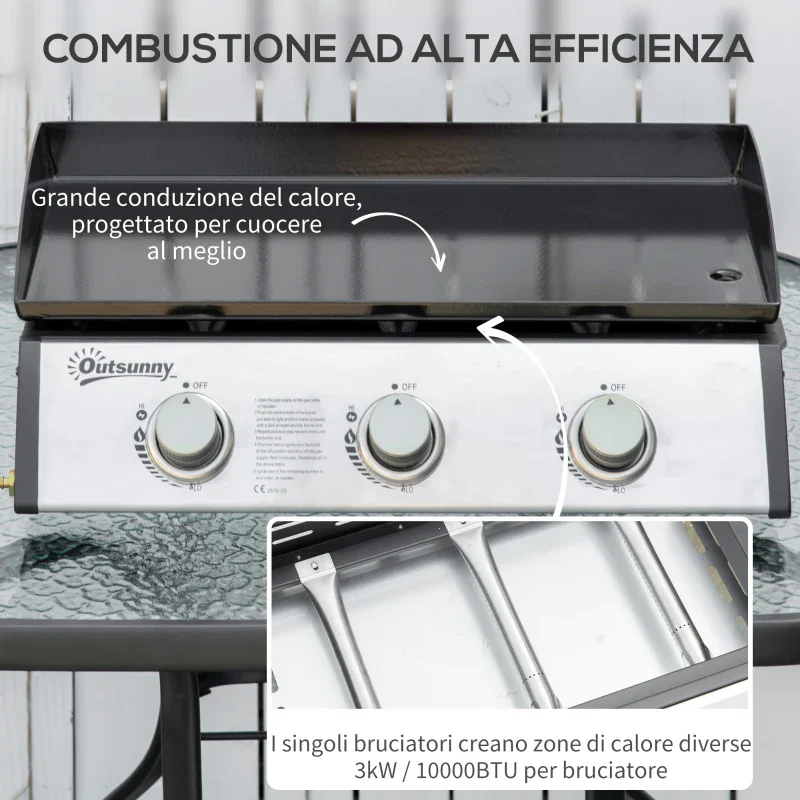 Outsunny Piastra Barbecue a Gas Antiaderente da Tavolo con 3 Bruciatori da 3kW, 62x46x21cm, Nero - Image 4