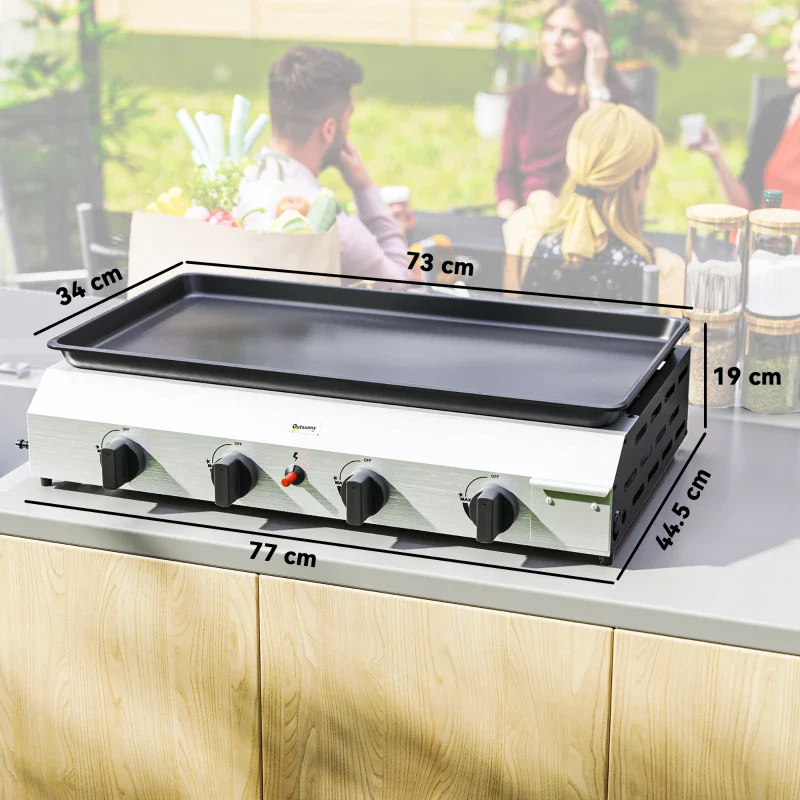 Outsunny Piastra Barbecue a Gas con 4 Bruciatori da 2.4kw e Piano Antiaderente, 77x44.5x19cm, Argento - Image 3