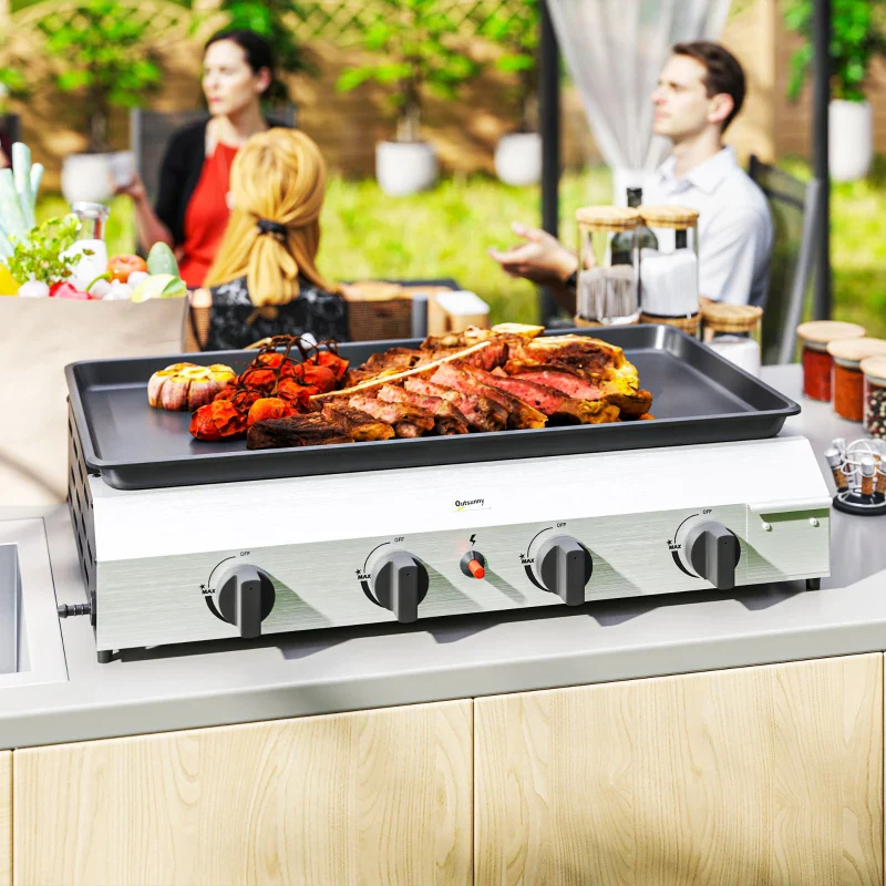 Outsunny Piastra Barbecue a Gas con 4 Bruciatori da 2.4kw e Piano Antiaderente, 77x44.5x19cm, Argento - Image 5