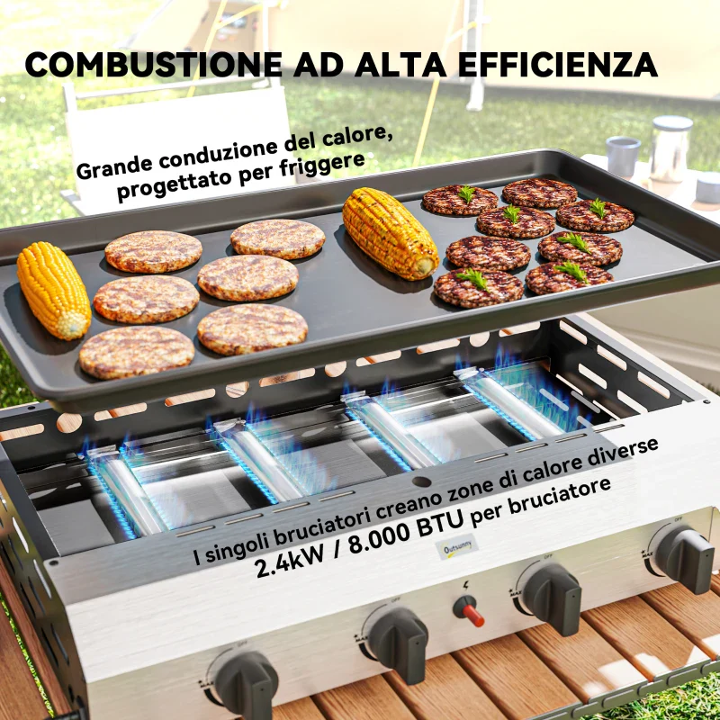Outsunny Piastra Barbecue a Gas con 4 Bruciatori da 2.4kw e Piano Antiaderente, 77x44.5x19cm, Argento - Image 6