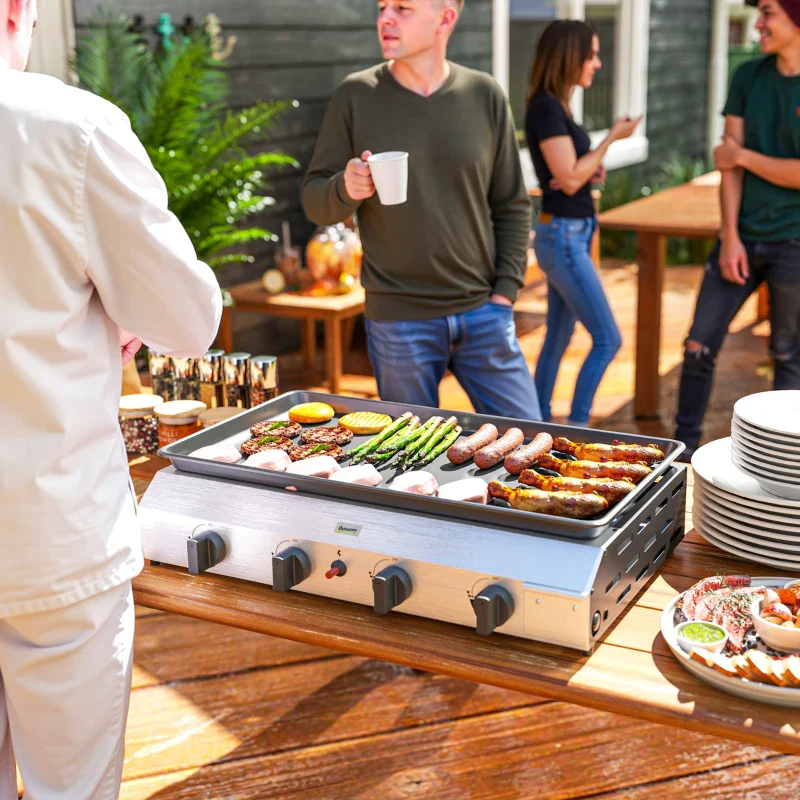 Outsunny Piastra Barbecue a Gas con 4 Bruciatori da 2.4kw e Piano Antiaderente, 77x44.5x19cm, Argento - Image 7
