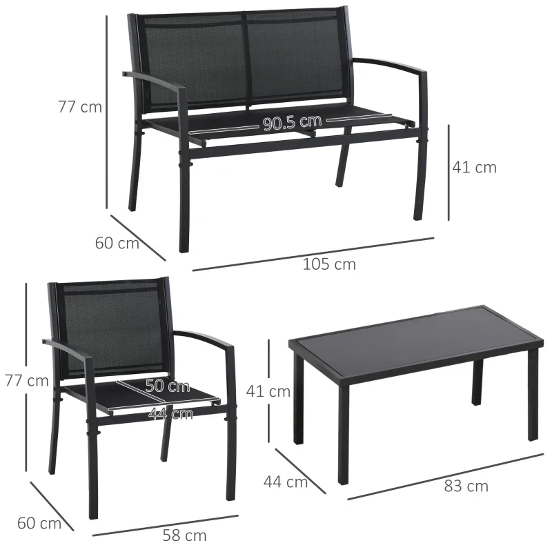 Outsunny Salotto da Esterno, Set 4 Pezzi con 1 Tavolino, 2 Sedie da Giardino e 1 Panca in Metallo, Nero - Image 2