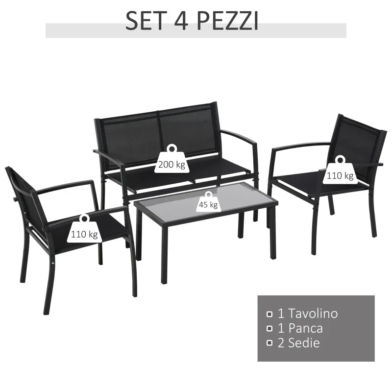 Outsunny Salotto da Esterno, Set 4 Pezzi con 1 Tavolino, 2 Sedie da Giardino e 1 Panca in Metallo, Nero - Image 3