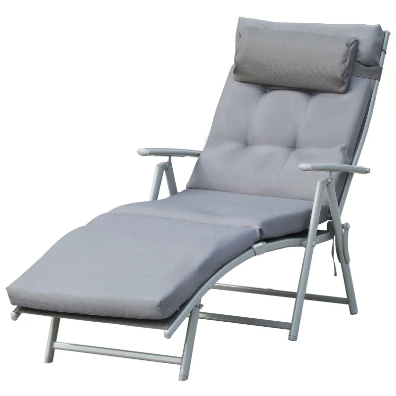 Outsunny Sdraio Da Giardino Pieghevole e Reclinabile su 7 Livelli con Cuscino e Materassino, 137x63.5x100.5 cm, Grigio - Image 3