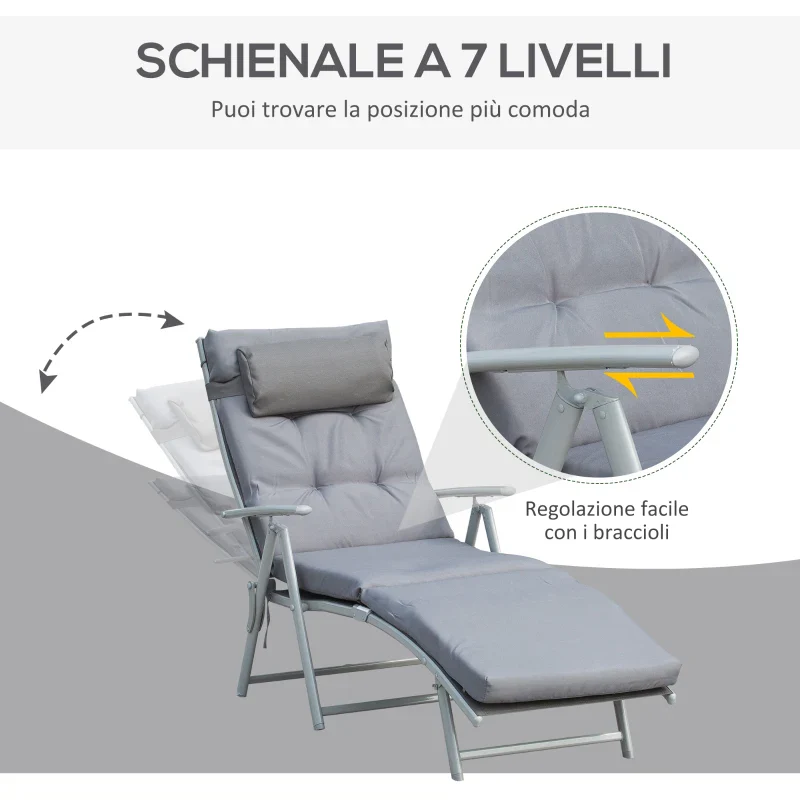 Outsunny Sdraio Da Giardino Pieghevole e Reclinabile su 7 Livelli con Cuscino e Materassino, 137x63.5x100.5 cm, Grigio - Image 4