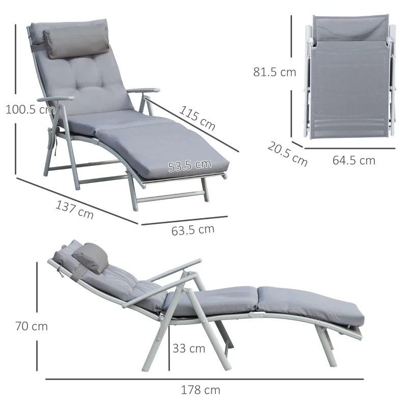 Outsunny Sdraio Da Giardino Pieghevole e Reclinabile su 7 Livelli con Cuscino e Materassino, 137x63.5x100.5 cm, Grigio - Image 6