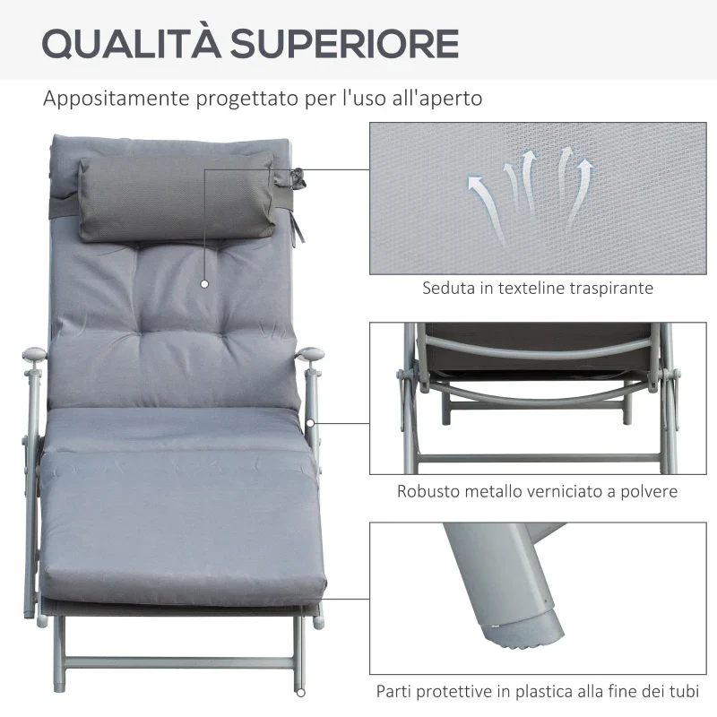 Outsunny Sdraio Da Giardino Pieghevole e Reclinabile su 7 Livelli con Cuscino e Materassino, 137x63.5x100.5 cm, Grigio - Image 7