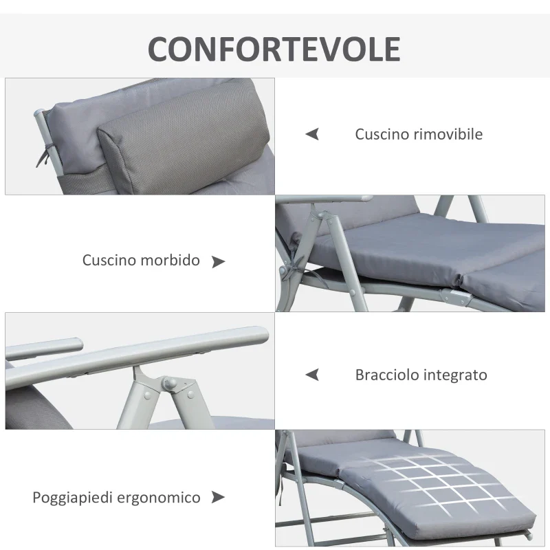 Outsunny Sdraio Da Giardino Pieghevole e Reclinabile su 7 Livelli con Cuscino e Materassino, 137x63.5x100.5 cm, Grigio - Image 9