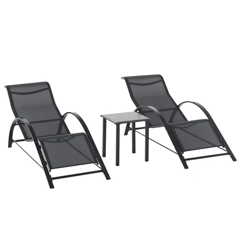 Outsunny Set 2 Lettini Prendisole e Tavolino con Ripiano, in Tessuto Traspirante e Metallo, 59x169x66 cm, Nero