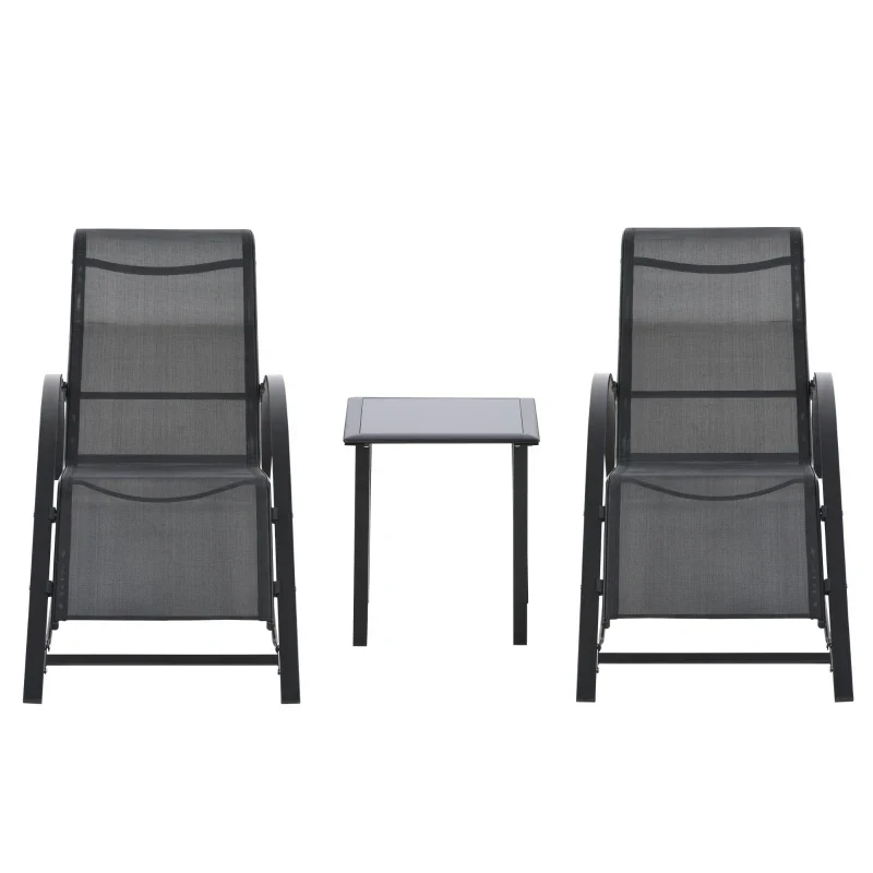 Outsunny Set 2 Lettini Prendisole e Tavolino con Ripiano, in Tessuto Traspirante e Metallo, 59x169x66 cm, Nero - Image 2