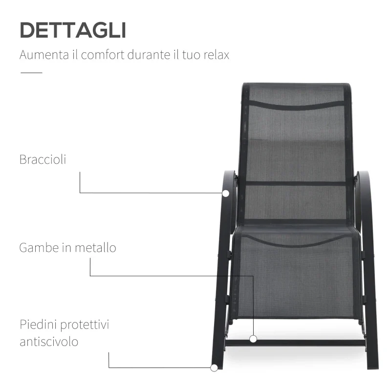 Outsunny Set 2 Lettini Prendisole e Tavolino con Ripiano, in Tessuto Traspirante e Metallo, 59x169x66 cm, Nero - Image 5