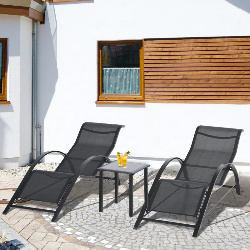 Outsunny Set 2 Lettini Prendisole e Tavolino con Ripiano, in Tessuto Traspirante e Metallo, 59x169x66 cm, Nero - Image 8