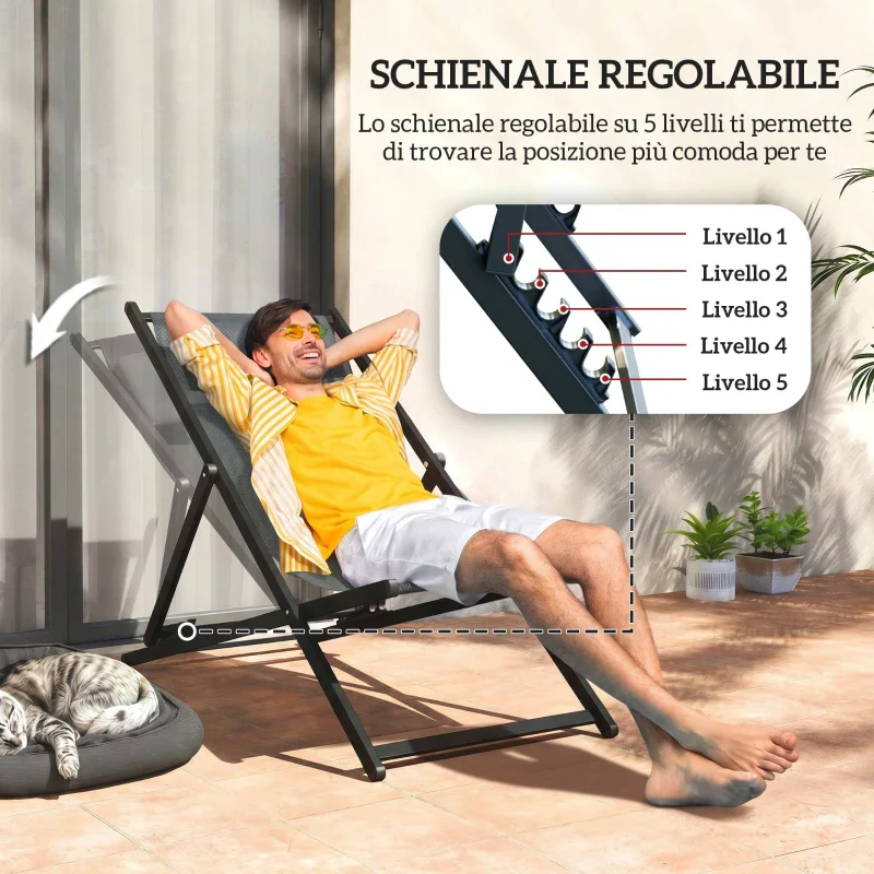 Outsunny Set 2 Sedie Poltrona Sdraio da Esterni, Pieghevoli e Reclinabili, in Alluminio, 100x60x85 cm, Grigio Scuro - Image 7