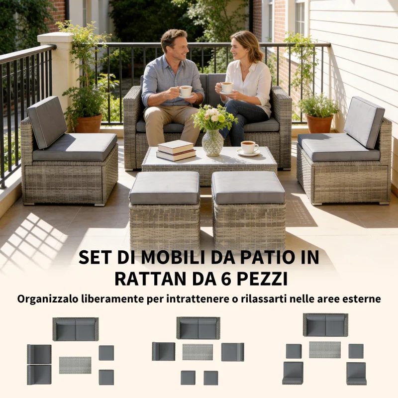 Outsunny Set da Esterno 6pz con Divano, 2 Sedie, Tavolino con Piano in Vetro e 2 Pouf, Grigio Scuro - Image 10
