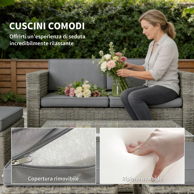 Outsunny Set da Esterno 6pz con Divano, 2 Sedie, Tavolino con Piano in Vetro e 2 Pouf, Grigio Scuro - Image 6