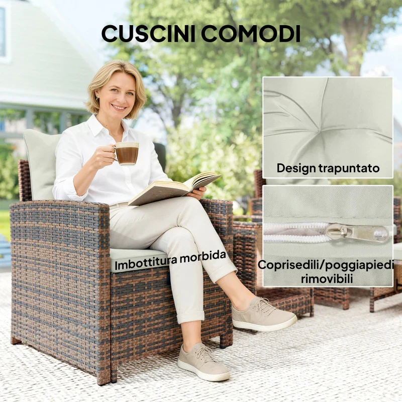 Outsunny Set da Esterno in Rattan e Acciaio 5pz con 2 Pouf, 2 Sedie e Tavolino da Caffè a 2 Livelli, Marrone e Crema - Image 10