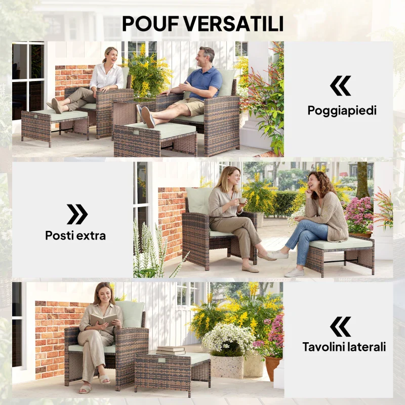 Outsunny Set da Esterno in Rattan e Acciaio 5pz con 2 Pouf, 2 Sedie e Tavolino da Caffè a 2 Livelli, Marrone e Crema - Image 11