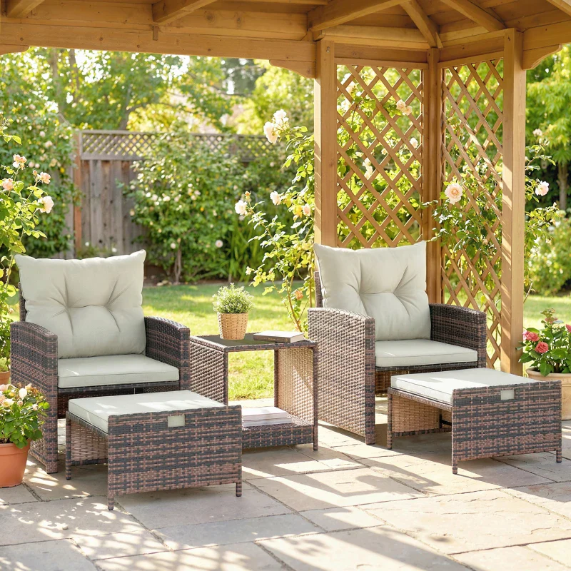 Outsunny Set da Esterno in Rattan e Acciaio 5pz con 2 Pouf, 2 Sedie e Tavolino da Caffè a 2 Livelli, Marrone e Crema - Image 12